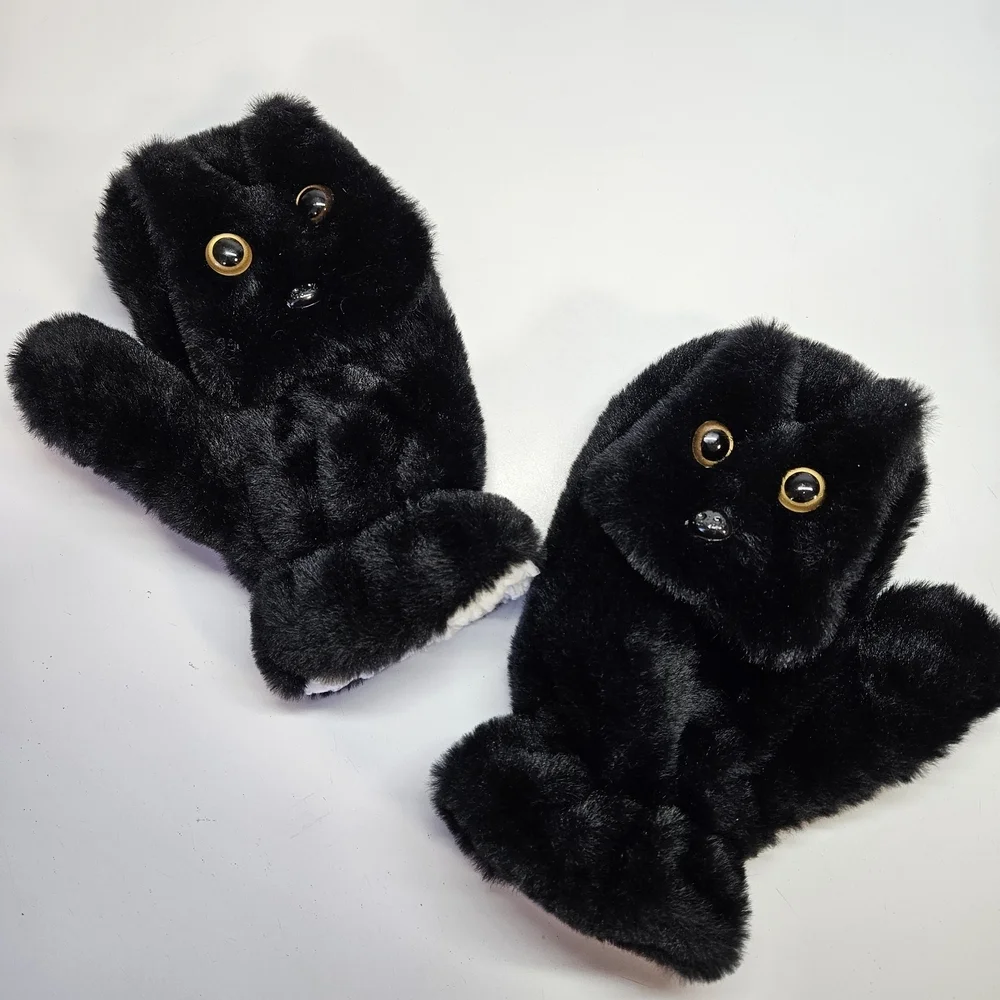 Black Cat Kitten Plush Faux Fur Mitten Mittens Fleece Lined One Size Adult